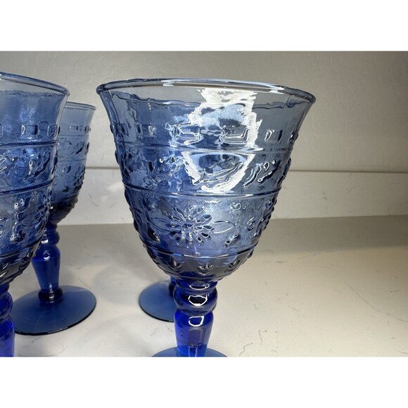 Set of 4 Cobalt Blue Pressed Glass Goblets Vintage-Style Floral Pattern - Picture 2 of 4